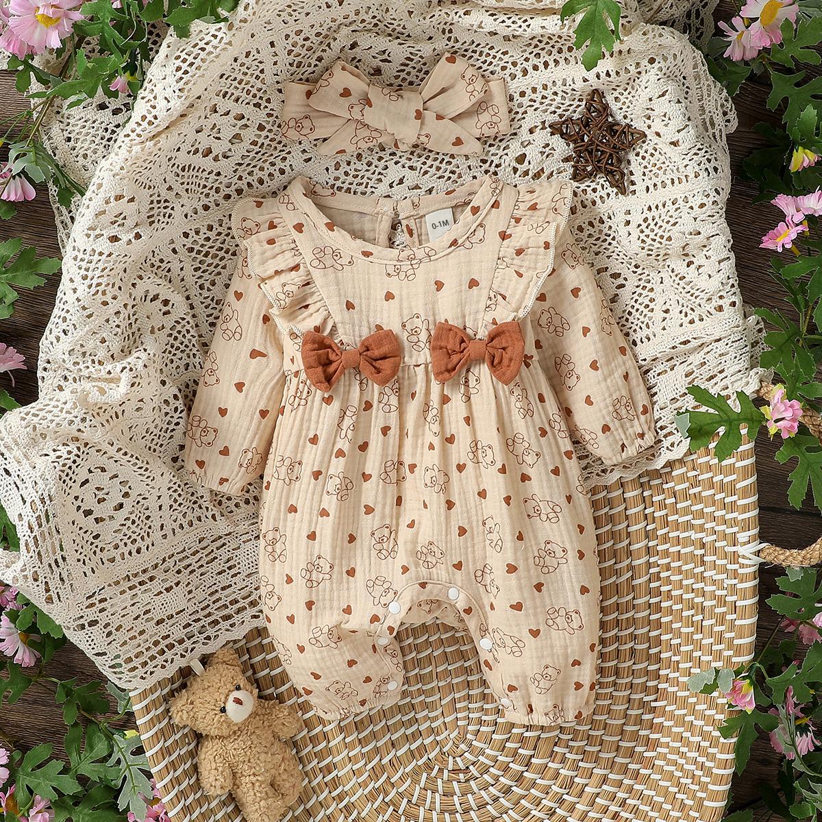 Combinaison Imprimée Florale à Manches Longues Toutes Saisons pour Bébé Fille Avec Nœud Tenue Quotidienne Pour Nouveau-né-6 Mois + Bandeau 3-6M gray