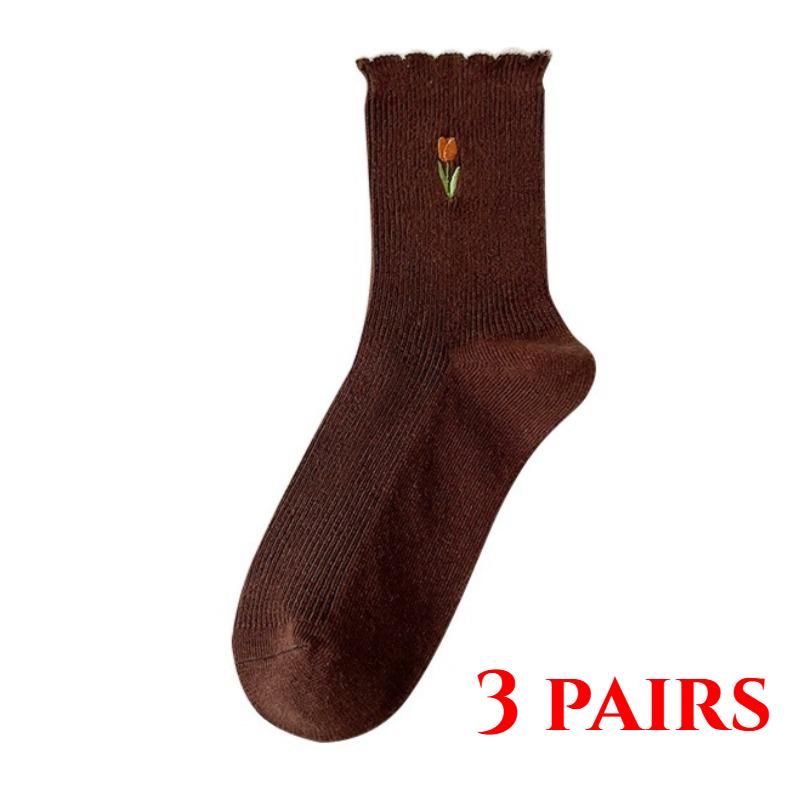 3 par Dame Høst Sokker Blomsterbroderi Japansk Kawaii Søte Sokker Koreansk Stil Ensfarvet Harajuku Vintage Crew Socks