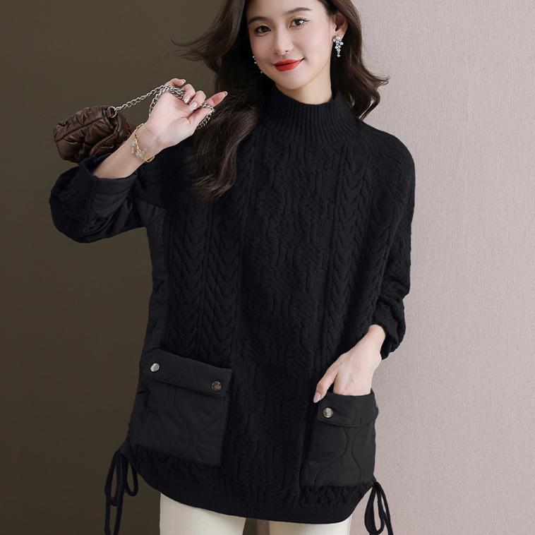 

DIMANAF 2024, зимние свитера, женские лоскутные ватные пальто, пуловер, вязаный плед, водолазка, искусственный двухсекционный свободный свитер One Size чёрный