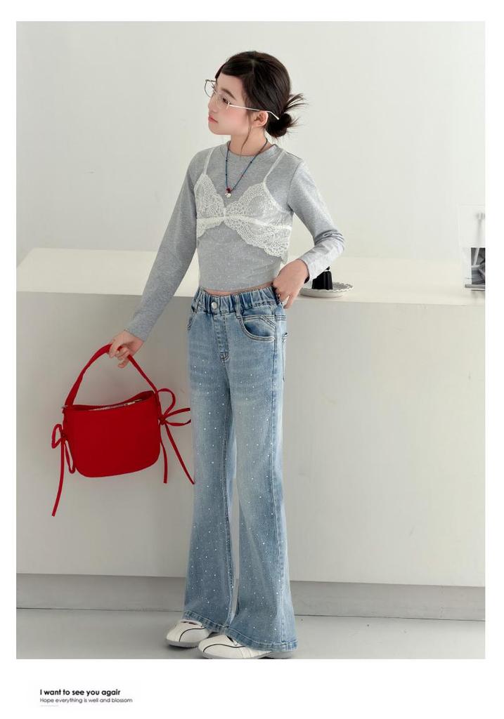 Girls' Rhinestone Distressed High-Waist Flare Jeans with Star Design - Autumn 2026 Collection for Kids