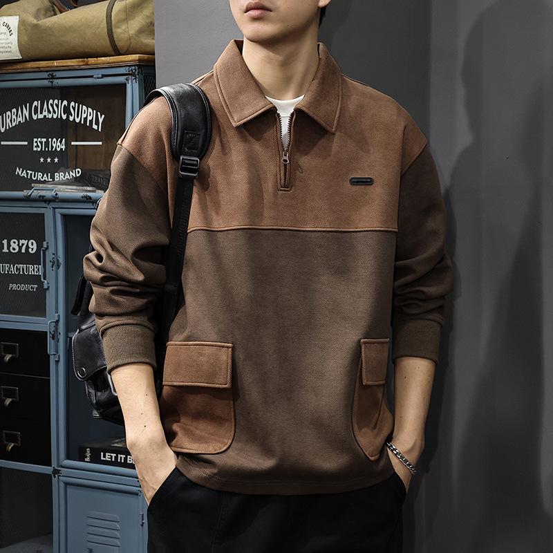Men's Autumn Retro Lapel Hoodie - Trendy Loose-Fit Casual Knit Top, Long Sleeve Polo Style.