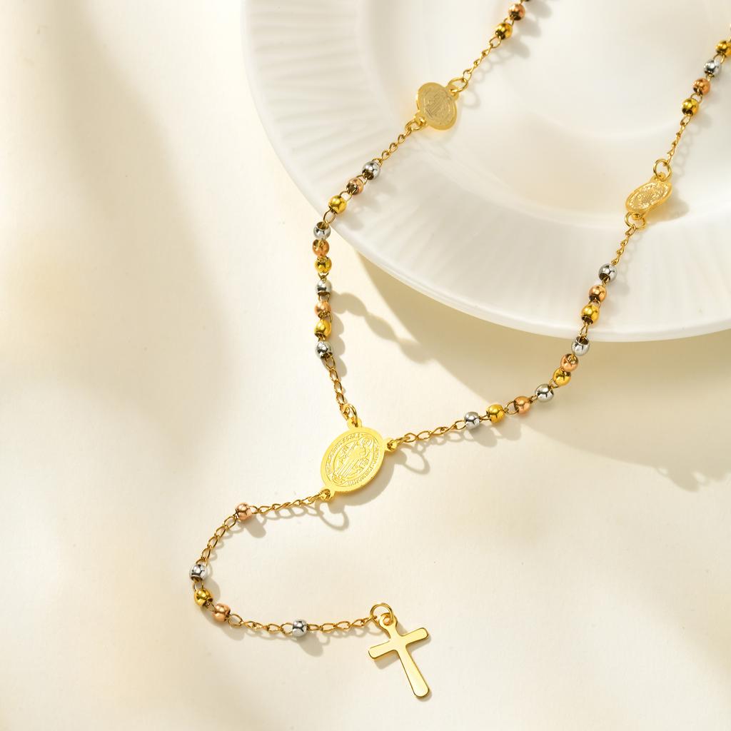 Drei Farben Rosenkranz Beten Kreuz Heiliger Benedikt Halsketten für Frauen, Edelstahl Vergoldet Perlenförmig Y-förmige Halskette Schmuck