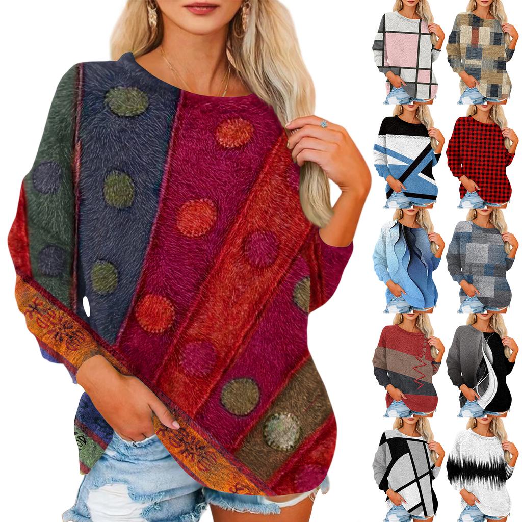 Women's T Shirt Flannel Print Tunic Long Sleeve Party Round Neck Tops