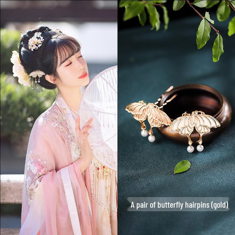Tang Style Butterfly Flower Hanfu Hairpins - Simple Versatile U-Shaped Hair Accessories.