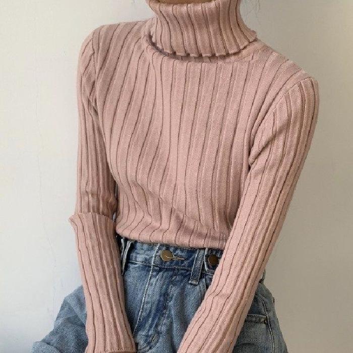 Gebreide Truien Pullovers Col Lange Mouw Effen Kleur Slim Elastisch Korte Trui Dames Nieuw Herfst Winter Dames