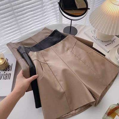 Women's 2023 PU Leather High-Waisted A-Line Shorts - Fashionable Korean Style Wide-Leg Pants for Autumn and Winter.