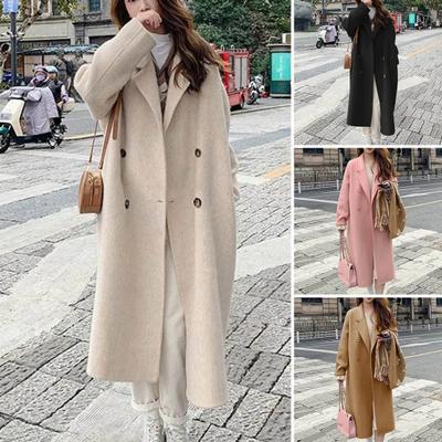 Women's Coat Double-Breasted Lapel Stylish Warm Mid-Length Coat Double Pockets