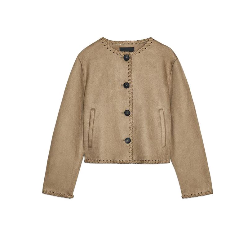 

Осень Новая Женская одежда Простой Стиль круглый Вырез Длинный рукав Эффект замши Тканая куртка 6318239 Tan L