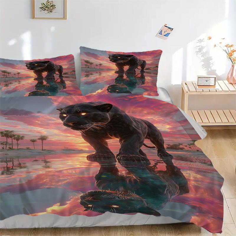 

3pcs Panther Reflection Sunset Bedding Set - 1 Duvet Cover + 2 Pillowcases(Core Not Included), Machine Washable Polyester yy251216132 135x200cm