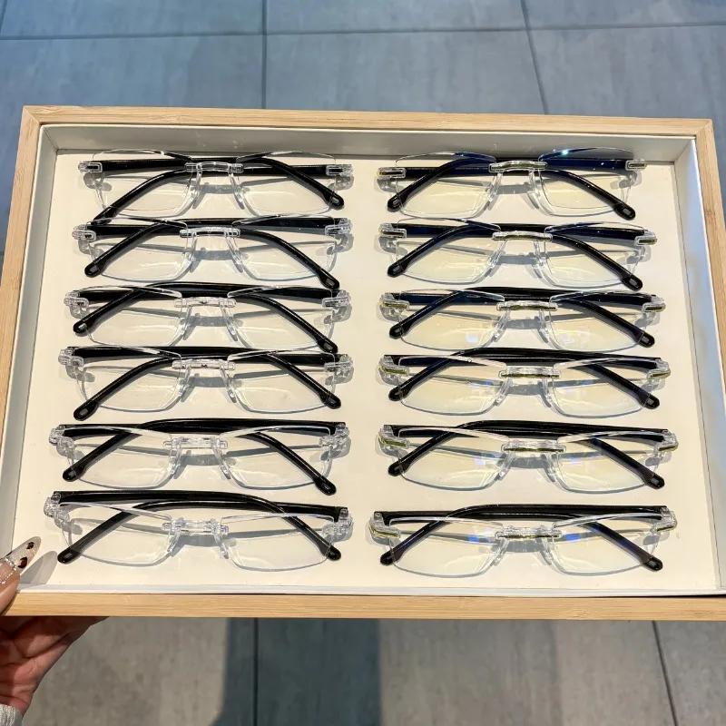 12pcs Women's Elegant Frameless Reading Glasses with Fully Transparent Lenses and Gold-plated Decorative Double Panel Unisex