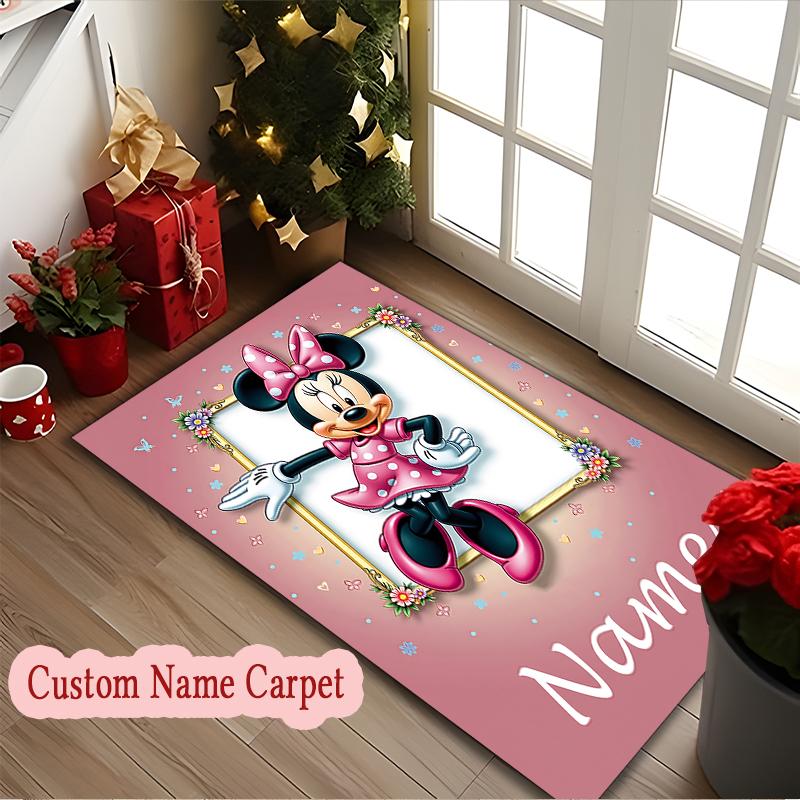 1pc Indoor Rug - Machine Washable Large Floor Mat with Minnie Mouse Pink Flowers Heart Design, Customize Name Area Carpet