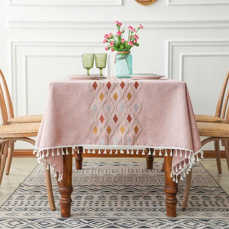 

Floral Embroidery Tassel Tablecloth, Cotton Linen, Dust Proof Table Cover, Kitchen, Dining Room,Home Party, Tabletop Decor 90x90cm