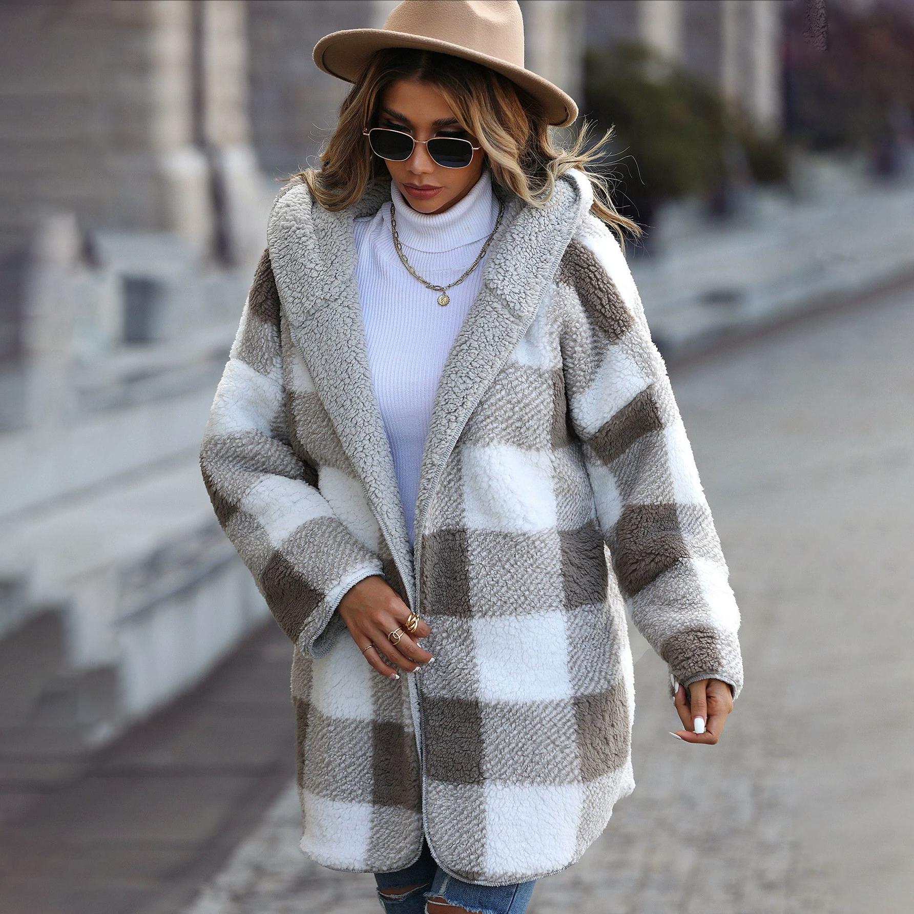 

Осенне-зимнее повседневное плюшевое женское пальто с капюшоном, стандартной длины, с длинным рукавом, в клетку, средней длины, из овечьей шерсти, без пуговиц 2XL