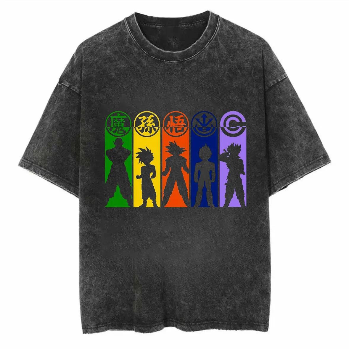 

Dragon Ball T Shirt Men Acid Wash Oversized Anime Goku Vegeta Silhouette Cotton Vintage Gym Streetwear Color Graphic Tee M