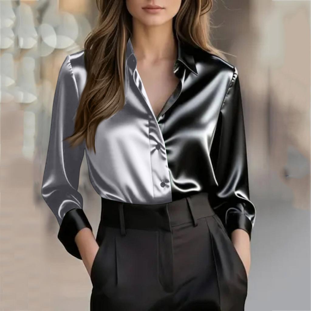 Elegant And Stylish Two-tone Collared Button-down Shirt For Women
