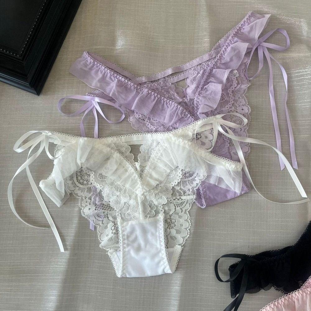 Mesh Ruffle Floral Bowknot Panties Bow Ribbon Underpants Lace Flower Transparent Briefs Lady