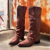 In Stock: Women's Retro High-Top Pointed Toe Knee-High Suede Slouch Boots with Chunky Heel