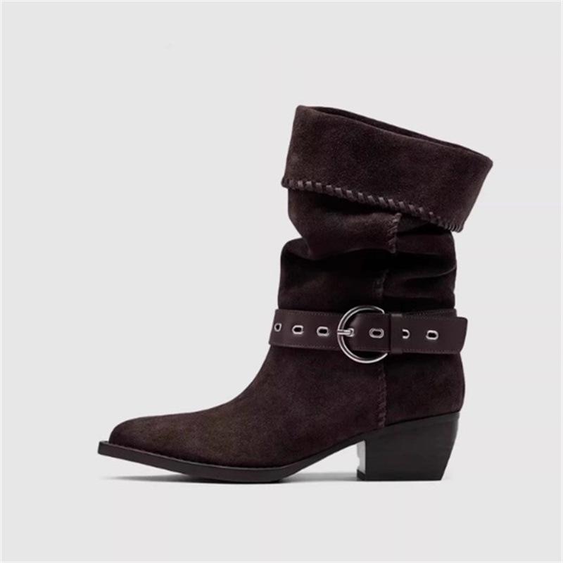 Retro two-wear knight boots 2025 autumn and winter new pointed braided belt buckle thick heel flanged boots women