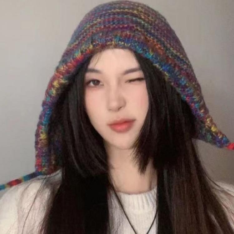 Color wool hat female cute loli pullover strap warm knitted headgear mixed color ear protection hat