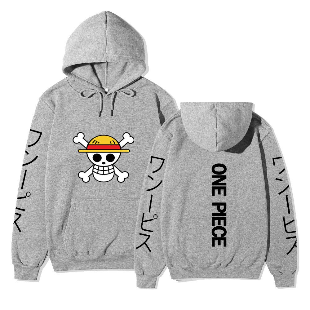 One Piece Straw Hat Jolly Roger Hoodie, Japanese Letter Sleeve Print Pullover Sweatshirt Unisex Casual Streetwear