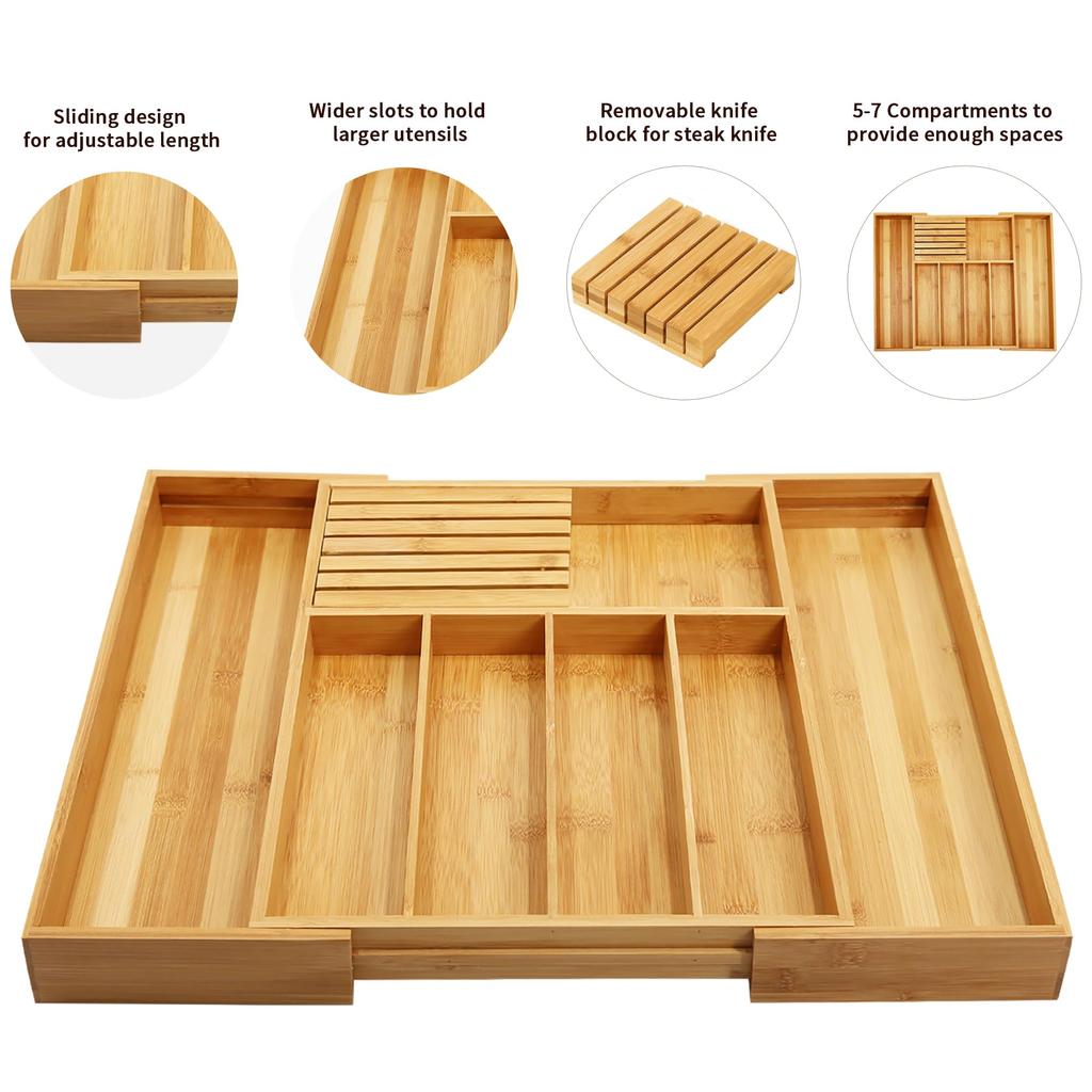 VaeFae Silverware Drawer Organizer for Expandable Utensil Holder Cutlery Tray with Dish Removable Knife Block Kitchen, & Dividers, Storage,