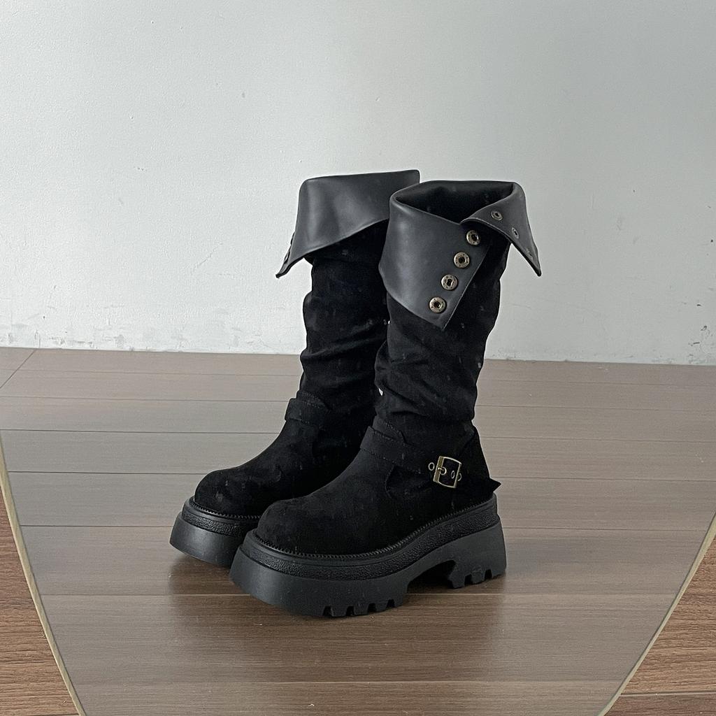 Black Retro Versatile Thick-soled Thick-heeled Boots Children's Boots 2025 New Autumn Thin and Heightened Knight Boots