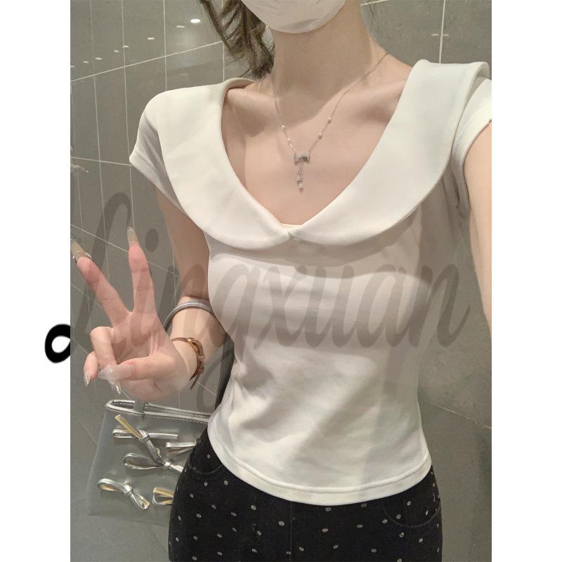 

Korean Sweet Spring/Summer Slim-Fit Doll Collar Pure Cotton T-Shirt Small белый