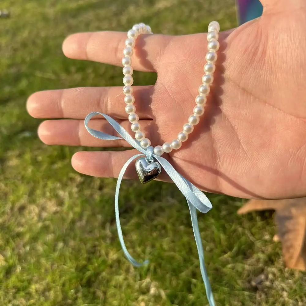 2024 Korean Romantic Imitation Pearl Beaded Choker Heart-Shaped Pendant Necklace Banquet Wedding Jewelry