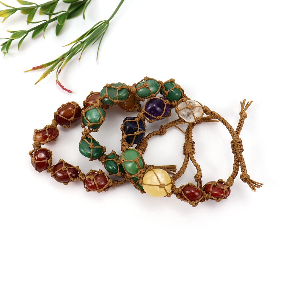 Natural Crystal Rough Stone Mesh Pocket Woven Bracelet Bracelet, Women'S Brown Rope Hand-Woven Colorful Crystal B89