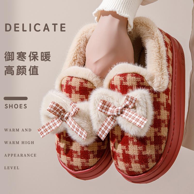 Cotton slippers new autumn and winter cotton shoes velvet warm soft-soled shoes Japanese bow cotton shoes