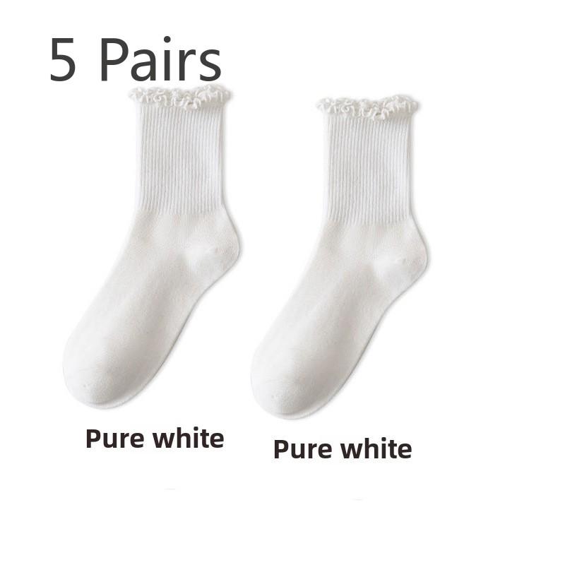 

5 пар женских носков Jk с деревянными ушками и кружевом, средней длины, весенние и летние ворсовые носки 5 Pairs белый