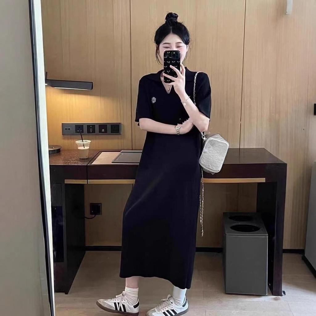 2024 Summer Striped Ice Silk Knit Polo Dress – Loose & Fashionable Design