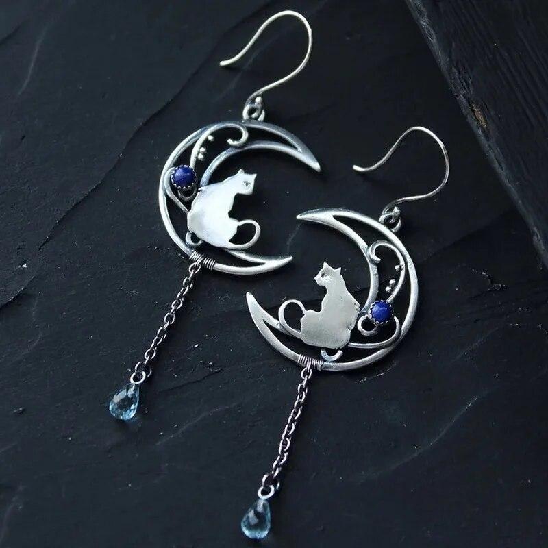 Vintage Ohrringe mit Mond-Katzen-Anhänger im ethnischen Stil für Damen, Retro blaue und grüne Strass-Tropfenohrringe, modischer Partyschmuck, Geschenke