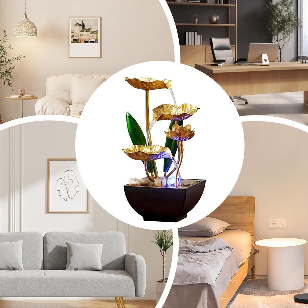 Lotus Leafs Waterfall Fountain Ornament Zen Relaxation Soothing Led Light Desk Water Fountain With Stream Sounds For Bedroom