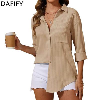 DAFIFY  Women's Fashion Casual Spring Autumn Solid Color Print Long Sleeve POLO Neck Blouses & Shirts