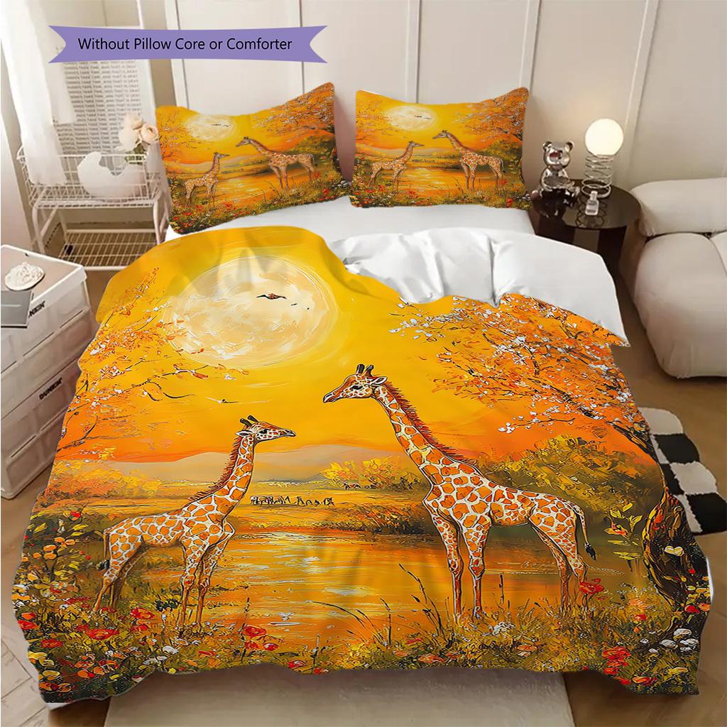 Grassland Giraffe Pattern Bedding Quilt Set Quilt Cover Pillowcase Home Decoration Birthday Gift (1 * Duvet Cover + 2 * Pillowcase, Without Core)