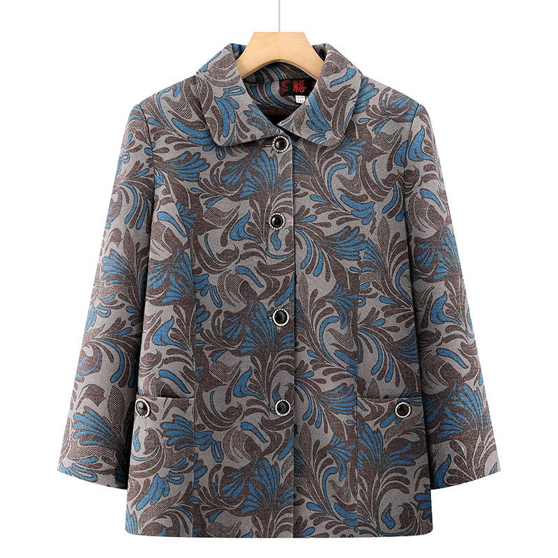 

2026 Plus Size Printed Jacket for Middle-Aged and Elderly Mothers - Spring & Autumn Loose Slimming Lapel Top 4XL (135-145 lbs) синий
