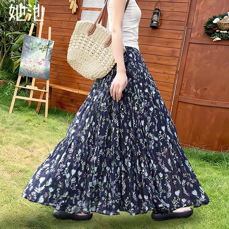 

Tachi Women s Floral Pleated Elastic Waist A-Line Midi Skirt S
