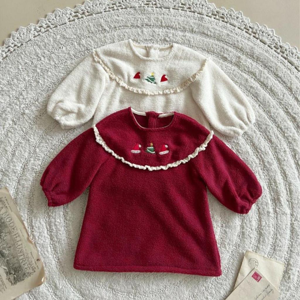 Infant Girls' Winter Lace Plush Princess Dress with Christmas Embroidery