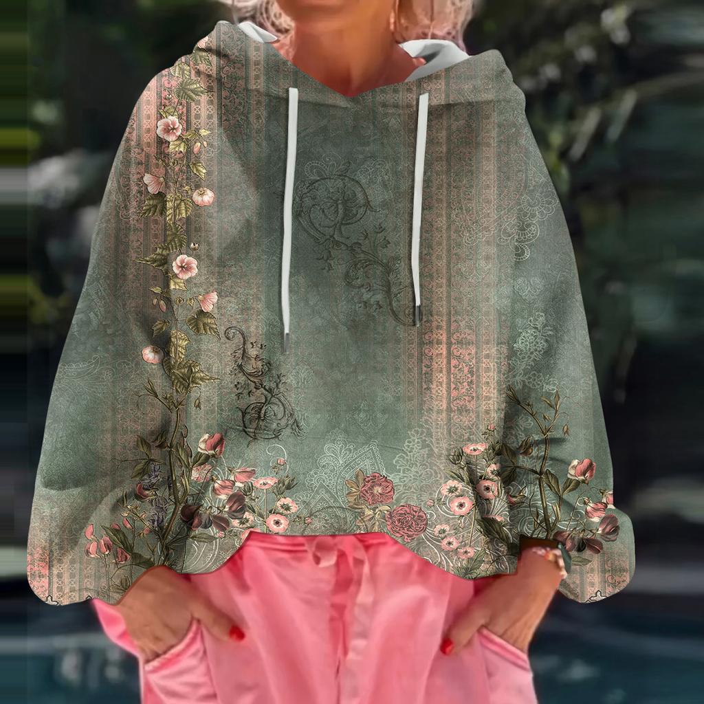 Women's Floral Print Loose Casual Long Sleeved Hooded Sweatshirt
