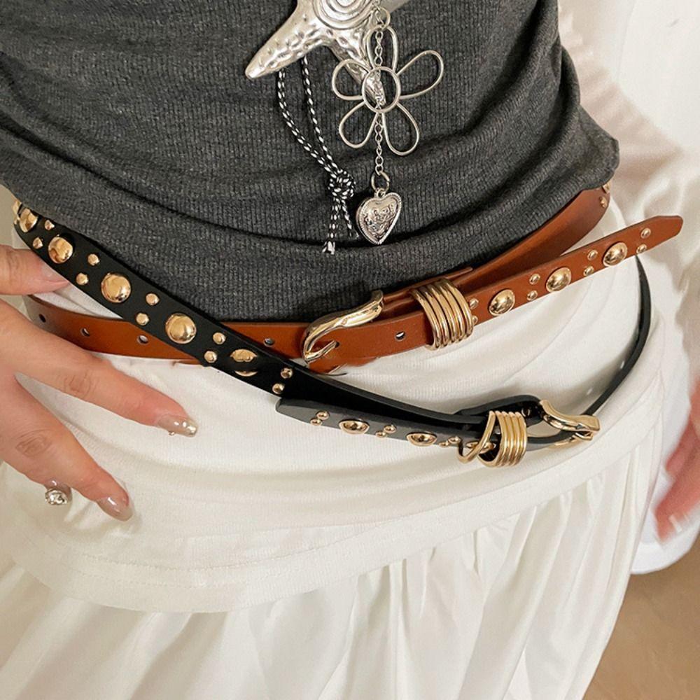 Pu Leather Rivet Waist Belt American Style Women's Jeans Belt Adjustable Y2k Thin Belt  Spicy Girls