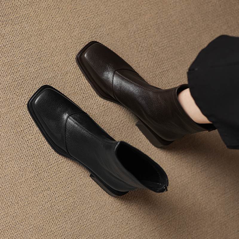 Krazing Pot Sheepskin Winter Square Toe Western Boots Med Heels Zipper Women Ankle Boots