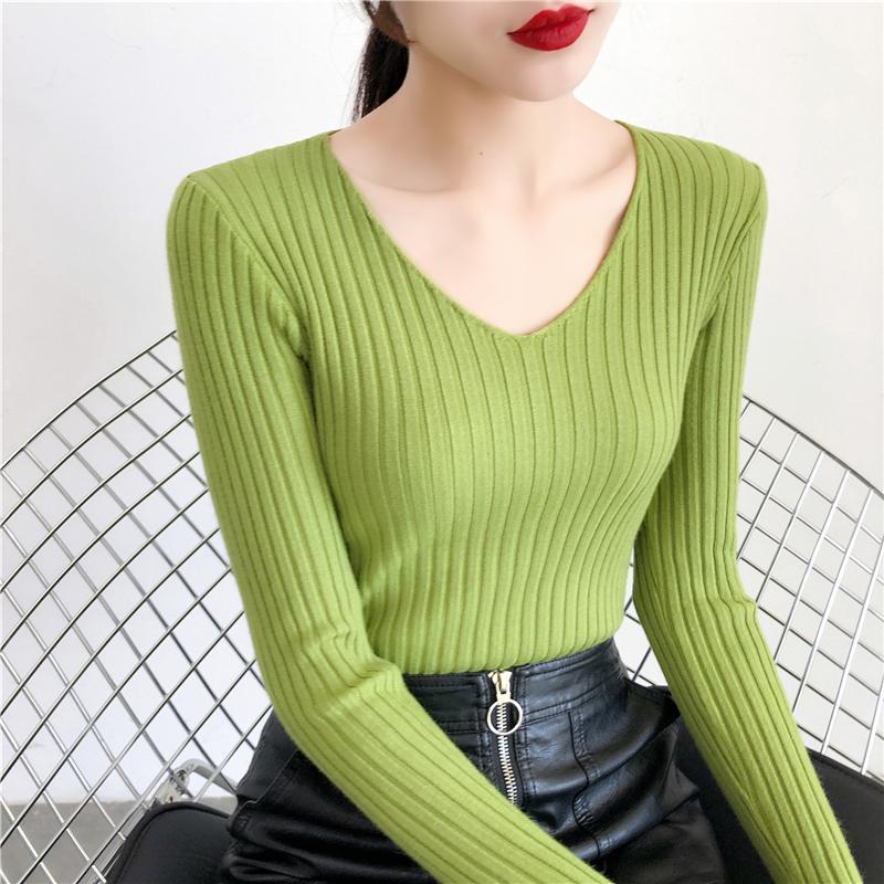 Autumn and Winter V-neck Knitted Sweater for Women Fashion Slim Fit Long Sleeve Base Pullover Sweaters Tops Ladies Elegant Solid Woman Knitwear 24978