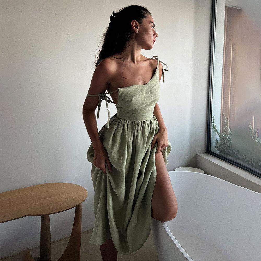 Women's Summer Maxi Dress Casual Boho Sleeveless Spaghetti Strap Smocked Tiered Long Beach Sun Dresses Vacation Dress for Women Solid Halter Dress