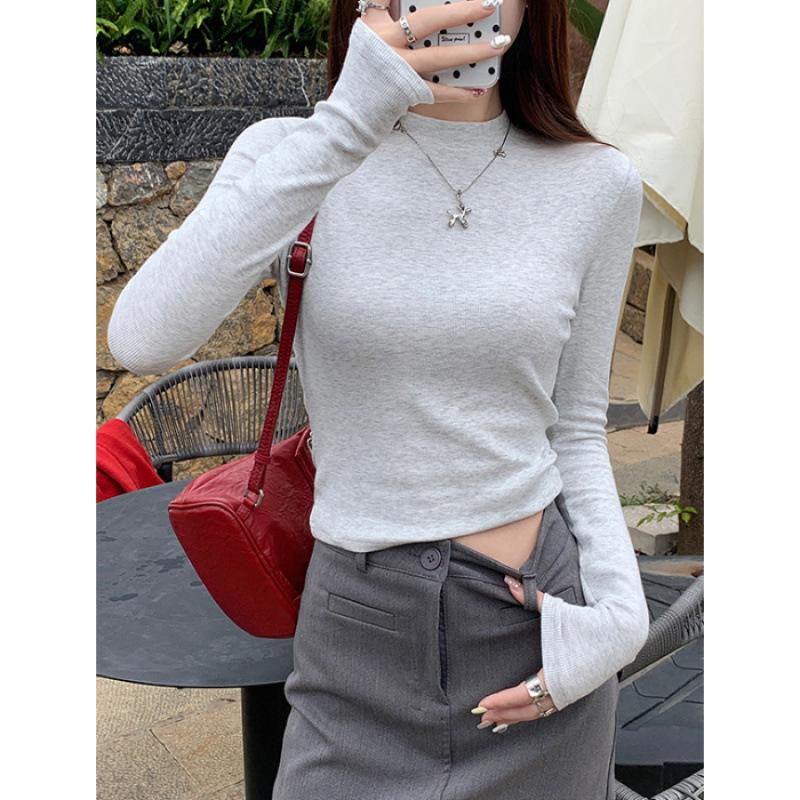 Quality long-sleeved T-shirt women s spring and autumn new front shoulder short bottoming shirt S