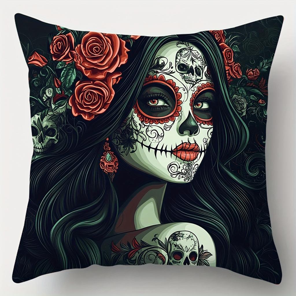 4PCS Skull Print Pillow Cases: Day of Dead Face Paint & Roses, Mysterious Glam for Parties, Home, Car (No Insert)