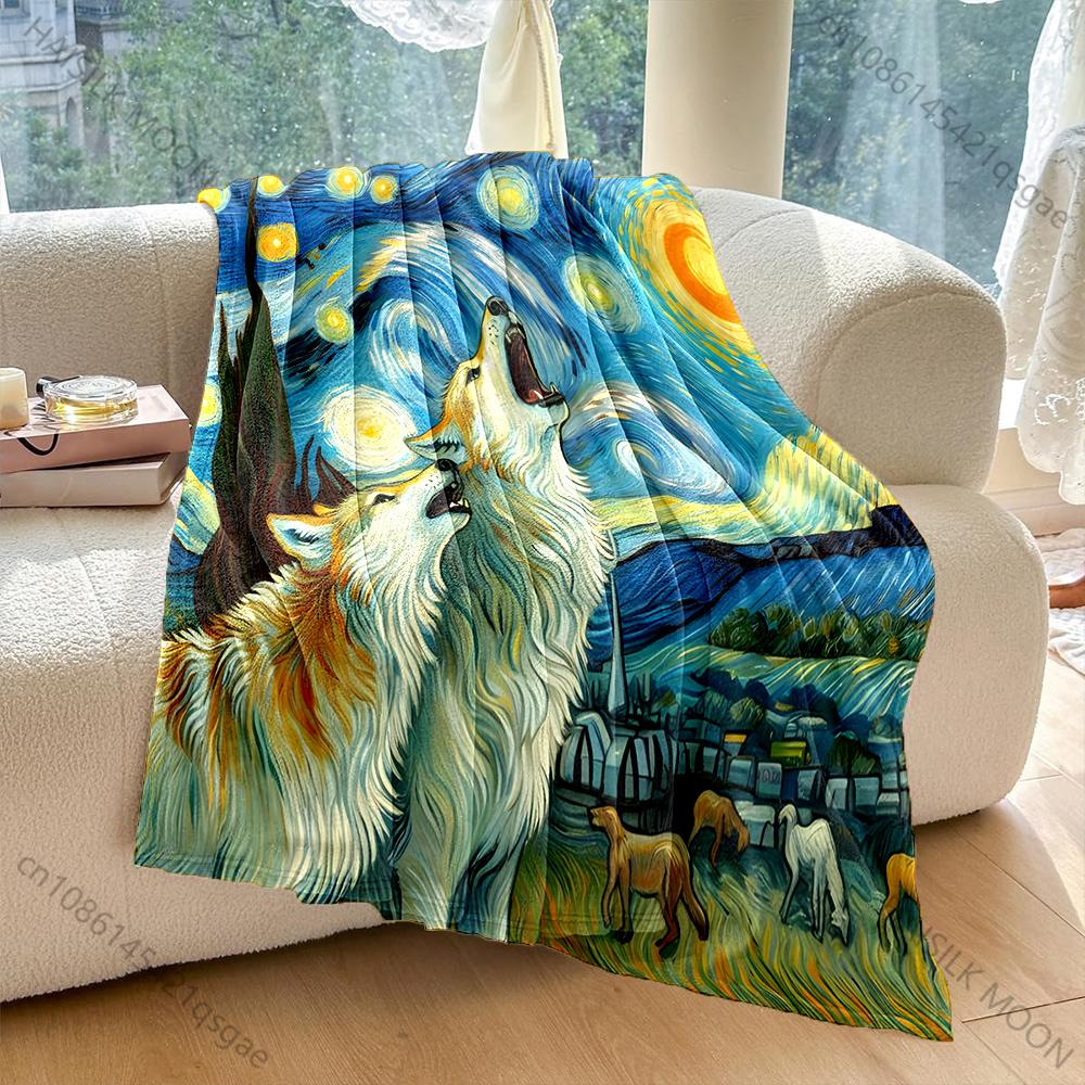 Multi size Van Gogh Howling Wolves Pattern Blanket Flannel Material Soft Warm for All Seasons Home Outdoor Camping Picnics RV