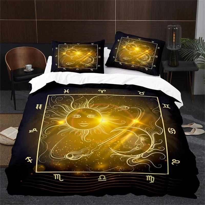 Sun Moon King Queen Duvet Cover Boho Magic Style Bedding Set for Teens Adults Golden Exotic Tribe 2/3pcs Polyester Quilt Cover