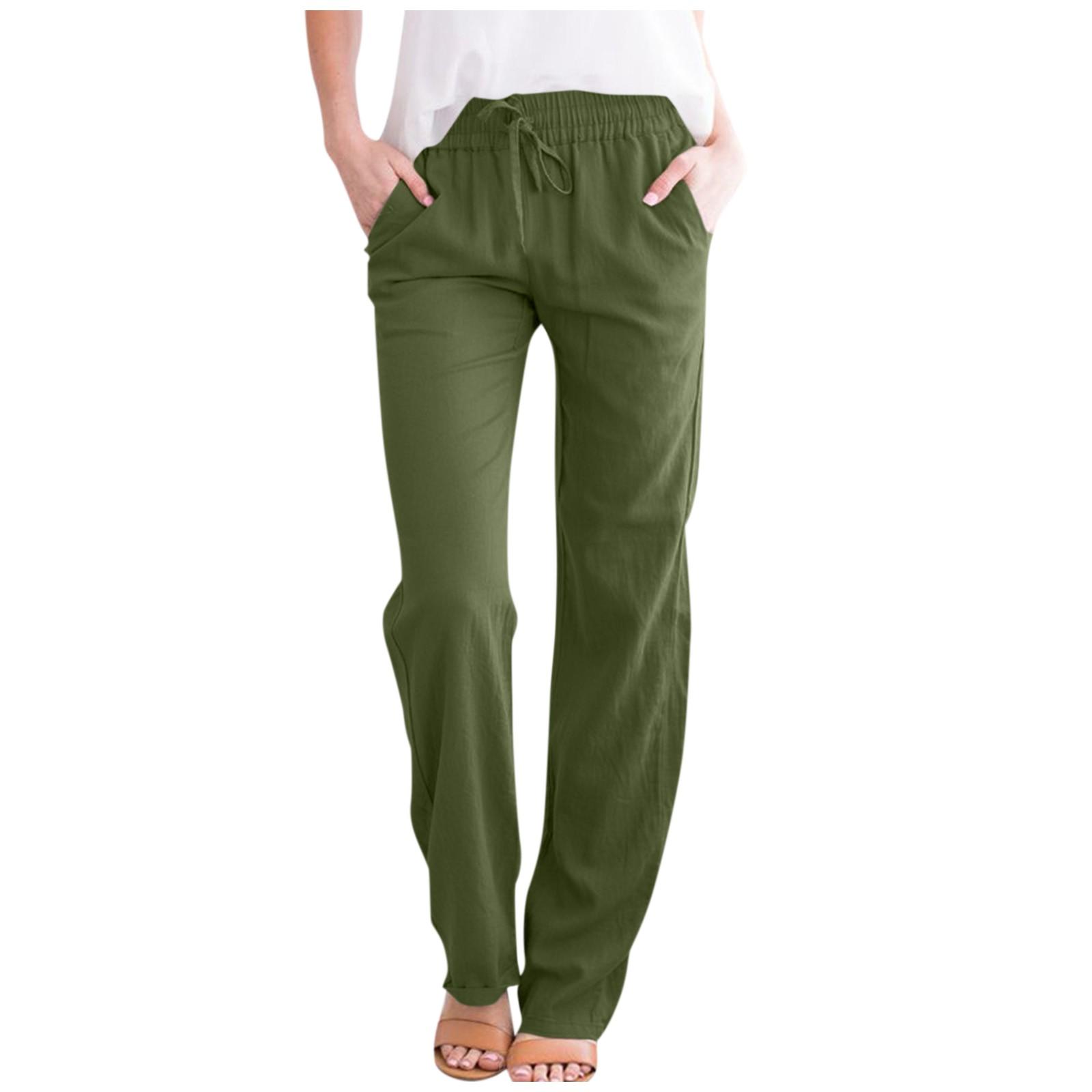 

(SU)Женские повседневные хлопковые и льняные однотонные длинные прямые брюки с эластичной резинкой на талии