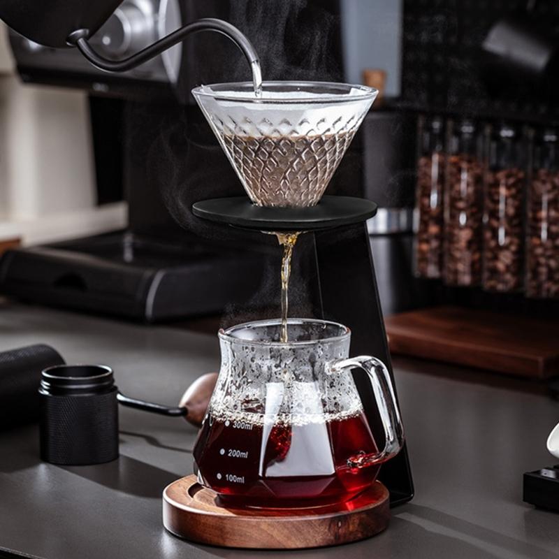 Elegant Pouring Over Coffee Maker With Clear Glass Carafe And Wooden Stand Coffee Dripper Accessories